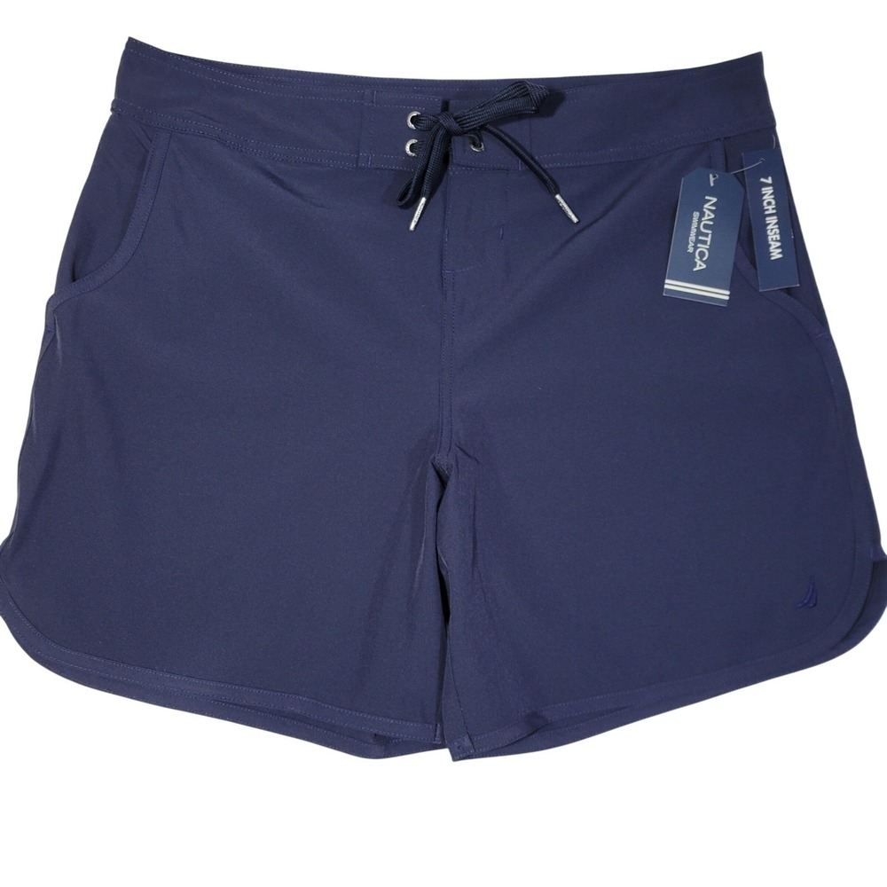 Nautica Board Swim Shorts‎ Women Large Navy Blue 7" Inseam Pockets Quick Dry NEW